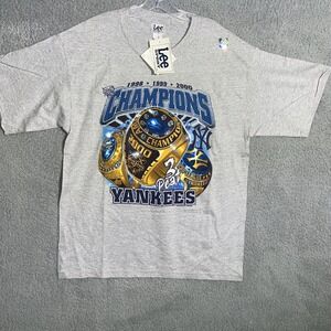 NOS VTG Lee Sport New York‎ Yankees T Shirt Men's Sz L Gray 3 Peat Huge Ring Tee
